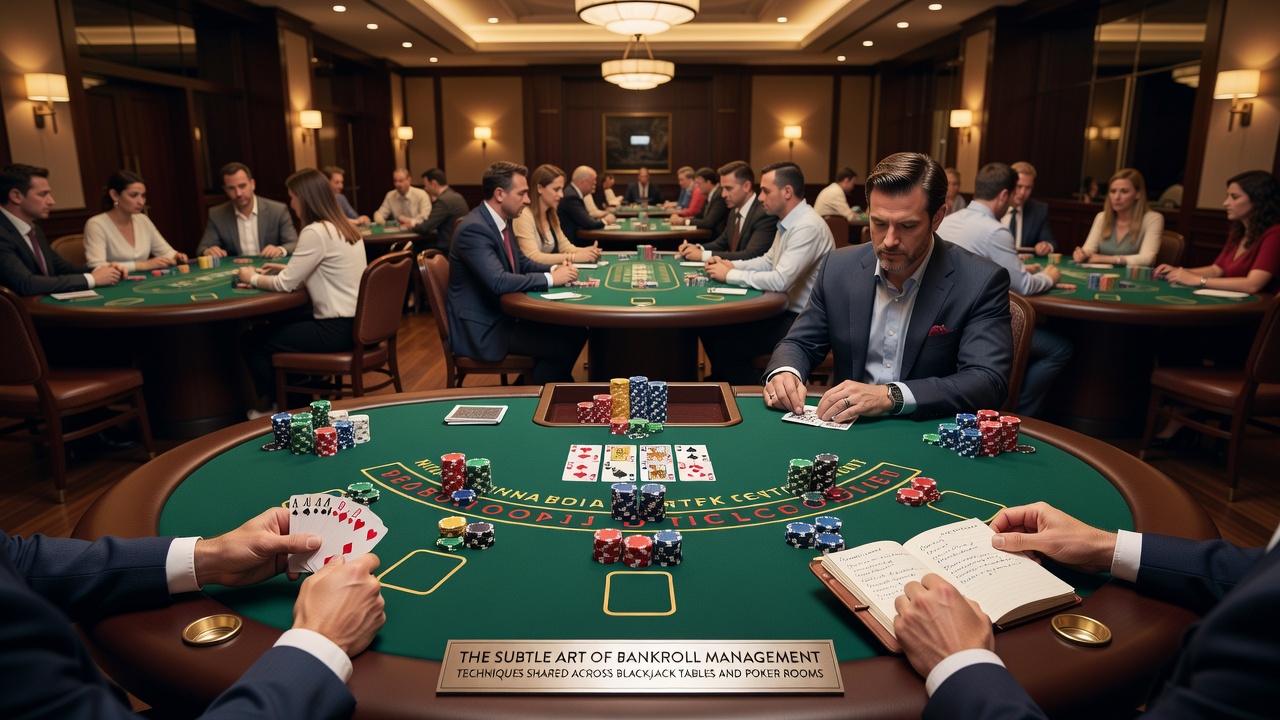 Detaljeret visning af bankroll allokering med notesblok og pokerchips på et bord